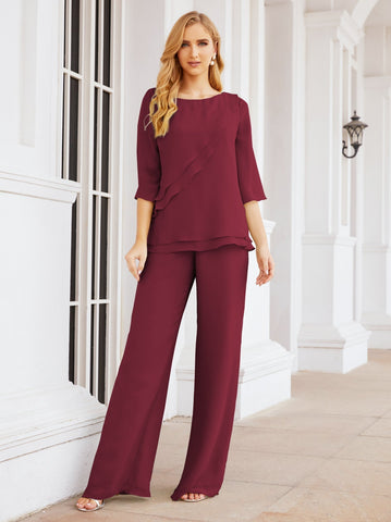 Elegante conjunto de pantalón y bata plateada de dos piezas para la madre de la novia, talla grande, con volantes, Sunderly Elegant SY28064