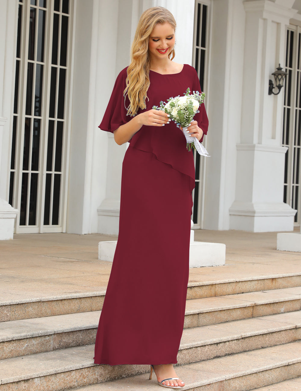 Burgundy Color Size 26 Mother of The Bride Dresses Long Cape Sleeves Formal Dress SEA28026