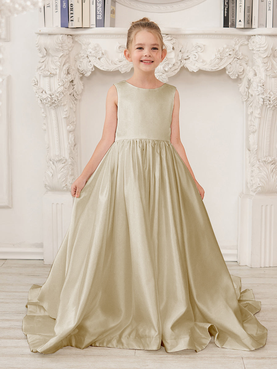 Vestido de niña de las flores de satén sin mangas, corte princesa, con cola y lazo. 