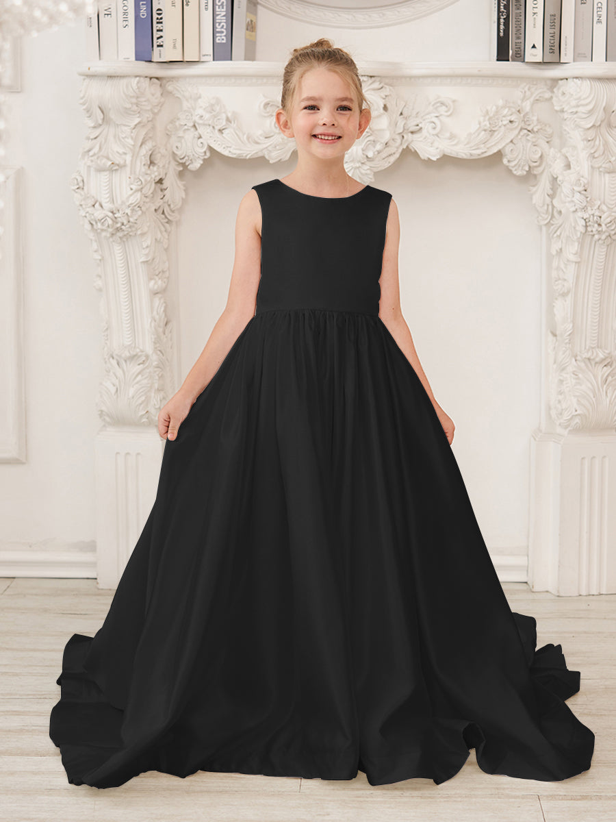 Vestido de niña de las flores de satén sin mangas, corte princesa, con cola y lazo. 