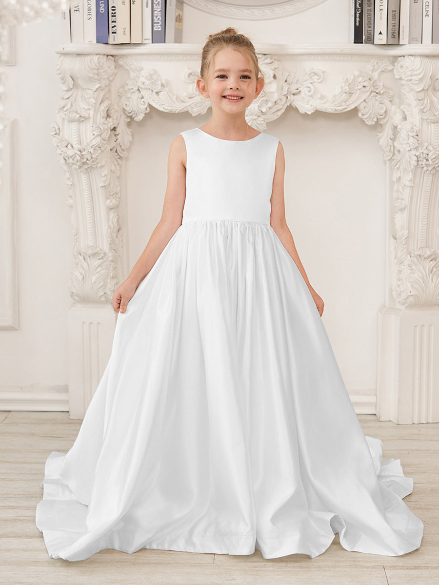 Vestido de niña de las flores de satén sin mangas, corte princesa, con cola y lazo. 