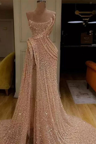 Magnifique robe de bal longue sirène fendue sans bretelles et à sequins