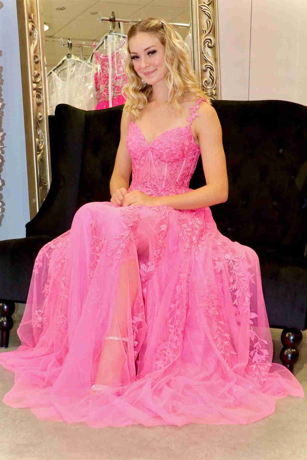 Vestido de graduación de corte A, corte corazón, encaje y tul con abertura