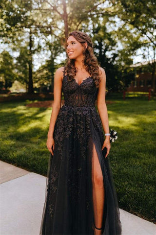 A-line Sweetheart Lace Tulle Prom Dress with Slit