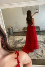 Vestido de graduación de corte A, corte corazón, encaje y tul con abertura
