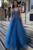 Vestido de graduación de corte A, escote en V, tul sin espalda con apliques de lentejuelas