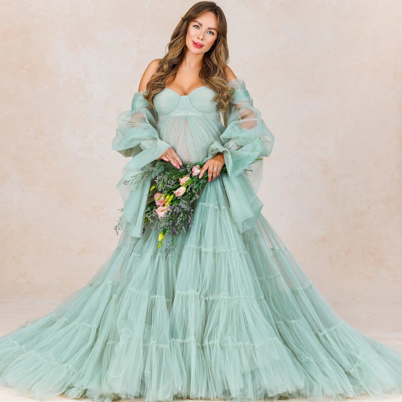 Elegante vestido de maternidad de tul para sesión de fotos, bata de novia con mangas abullonadas con volantes, vestidos de maternidad verdes para fotografía de embarazo