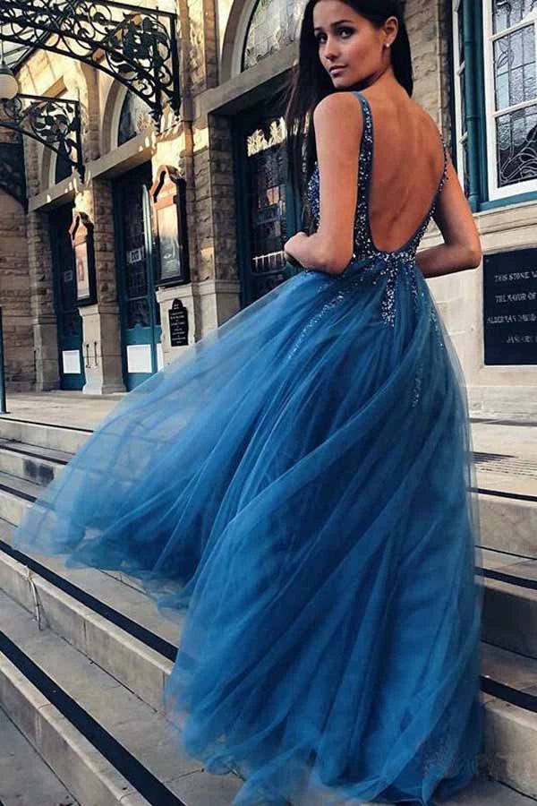 Vestido de graduación de corte A, escote en V, tul sin espalda con apliques de lentejuelas