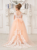 Vestido rosa de niña de las flores, corte en A, encaje, tul y cola corta 