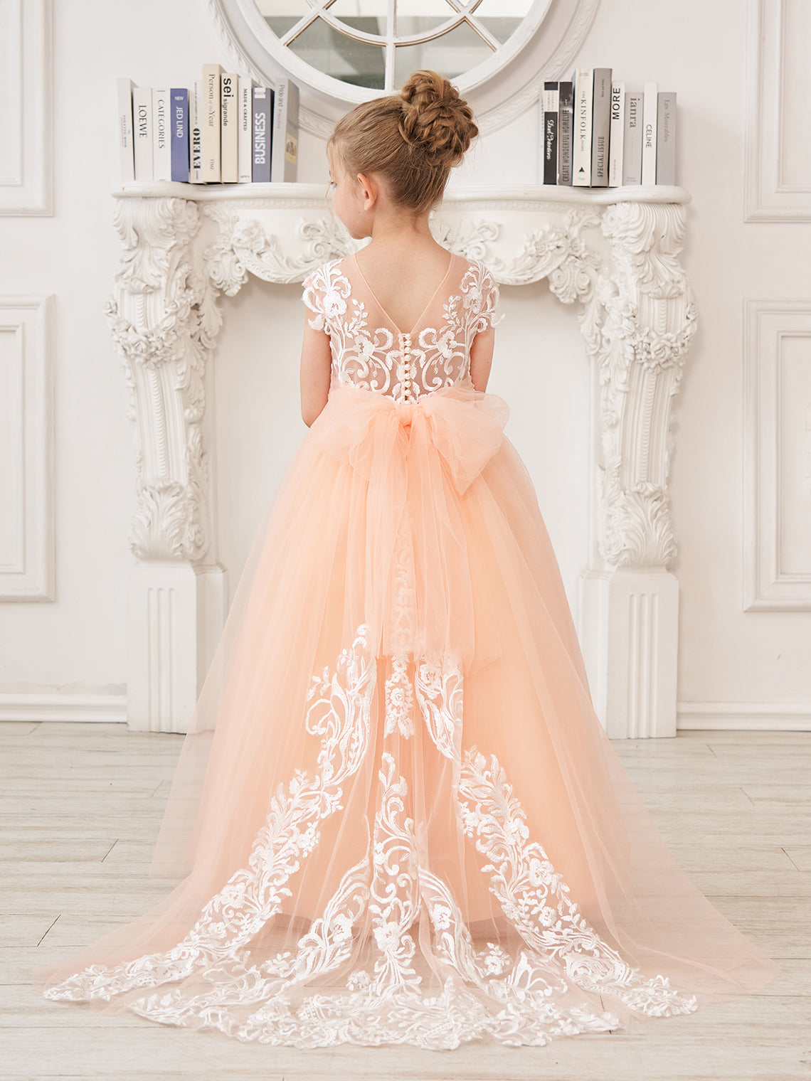 Vestido rosa de niña de las flores, corte en A, encaje, tul y cola corta 