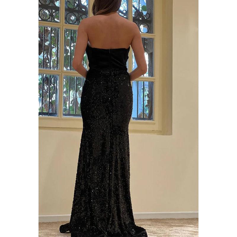 Robe de soirée longue en satin à paillettes et col en V, sans bretelles, froncée