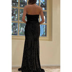 Robe de soirée longue en satin à paillettes et col en V, sans bretelles, froncée