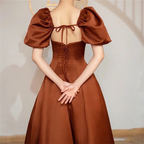 Robe de bal longue en satin couleur café, manches courtes bouffantes, col carré, robe de soirée féerique Y4962