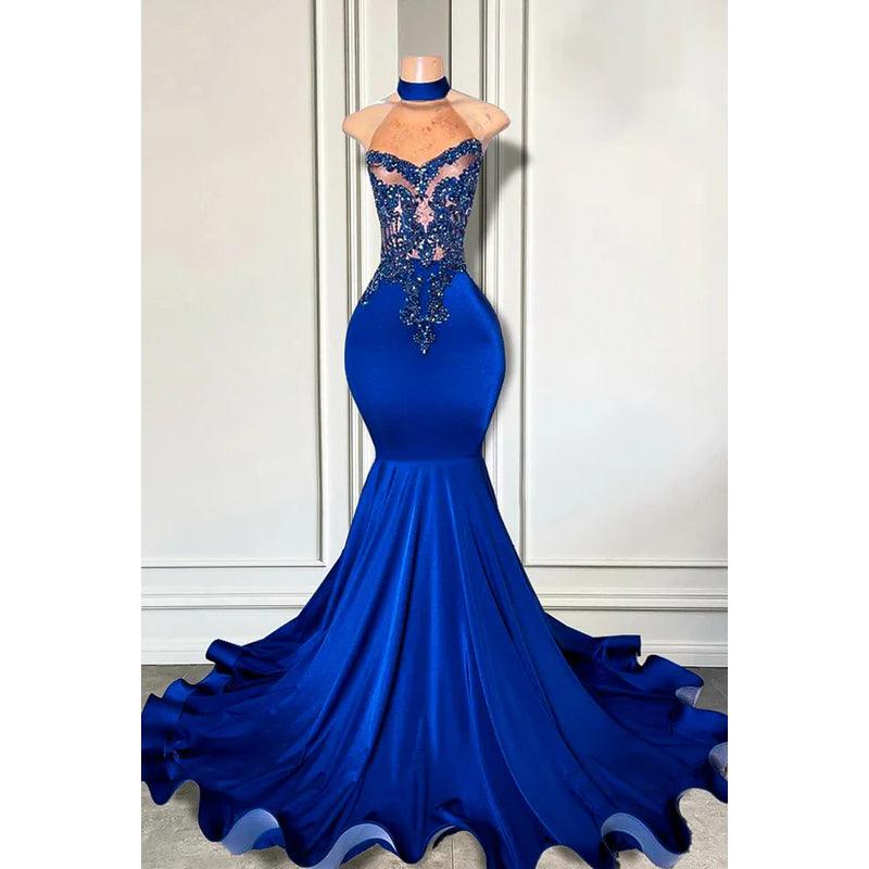 Vestido de fiesta de noche sexy, sin mangas, con cuello alto y volantes dramáticos y glamuroso