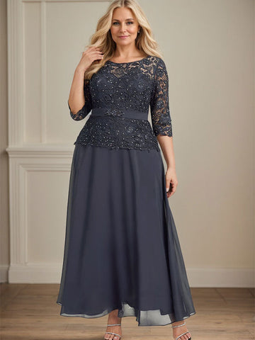A-line Scoop Illusion Ankle-Length Chiffon Lace Mother of the Bride Dress With Rhinestone Beading