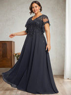 Vestido de novia de corte A, escote en V, largo hasta el suelo, de gasa de encaje con lentejuelas para la madre de la novia 