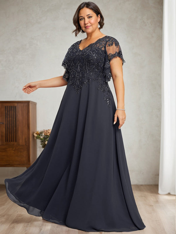 Vestido de novia de corte A, escote en V, largo hasta el suelo, de gasa de encaje con lentejuelas para la madre de la novia 
