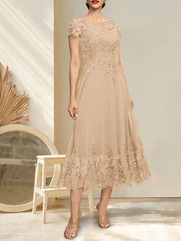 A-line Illusion Scoop Tea-Length Lace Chiffon Mother of the Bride Dress With Sequins