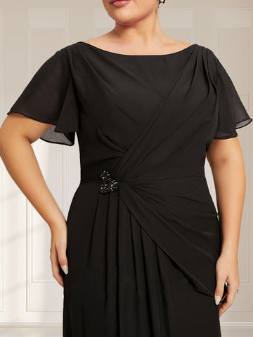 Vestido de novia de corte A, escote redondo ilusión, largo té, de gasa, encaje, con lentejuelas y pedrería.