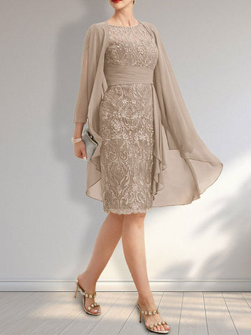 Sheath Scoop Illusion Knee-Length Lace Chiffon Mother of the Bride Dress With Cascading Ruffles Sequins