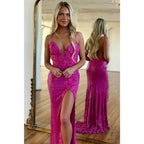 Robe de bal longue à bretelles spaghetti et paillettes orange avec fente