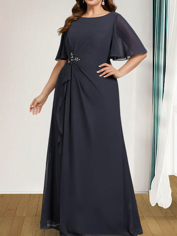 A-line Scoop Floor-Length Chiffon Mother of the Bride Dress With Cascading Ruffles Beading Sequins