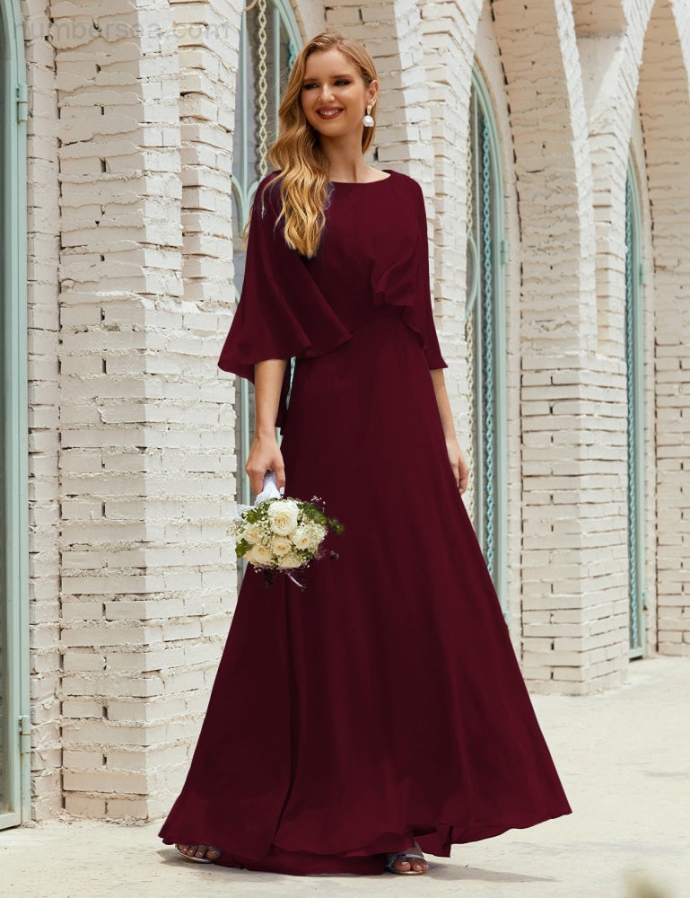 Vestido de dama de honor Sunderly para mujer, manga larga, cuello en V, de gasa, vestido formal de fiesta de boda SY28018