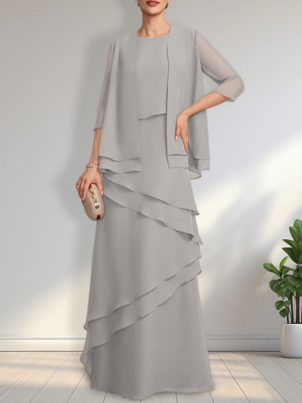 Vestido de gasa de corte recto y escote redondo hasta el suelo para la madre de la novia