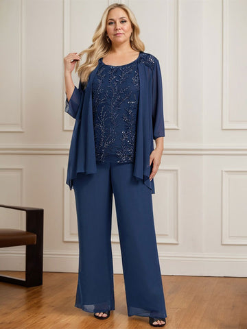 Separates Jumpsuit/Pantsuit Scoop Floor-Length Lace Chiffon Mother of the Bride Dress With Sequins