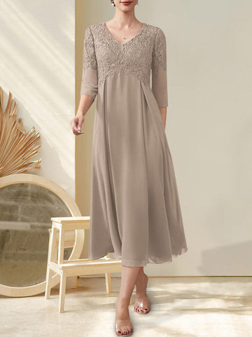 A-line V-Neck Tea-Length Chiffon Lace Mother of the Bride Dress With Beading