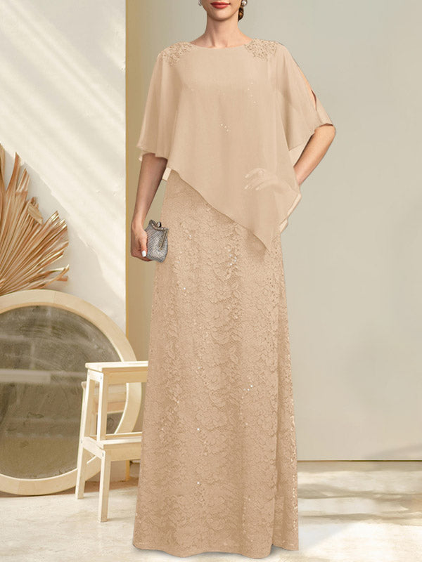 Vestido de novia de corte recto/columna, largo hasta el suelo, de gasa con encaje y lentejuelas, con escote redondo y pedrería.