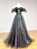 Vestido largo de fiesta negro de organza corte A