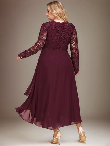 A-line V-Neck Asymmetrical Lace Chiffon Mother of the Bride Dress