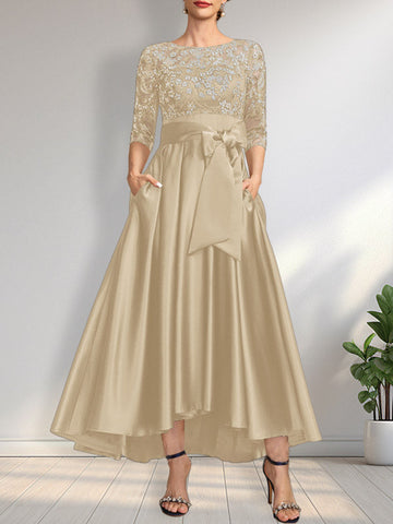 A-line Scoop Illusion Asymmetrical Satin Lace Mother of the Bride Dress With Bow