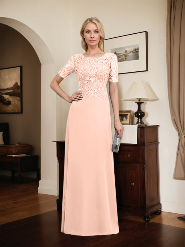 Vestido de novia de corte línea A, escote redondo, largo hasta el suelo, de encaje y gasa con lentejuelas.