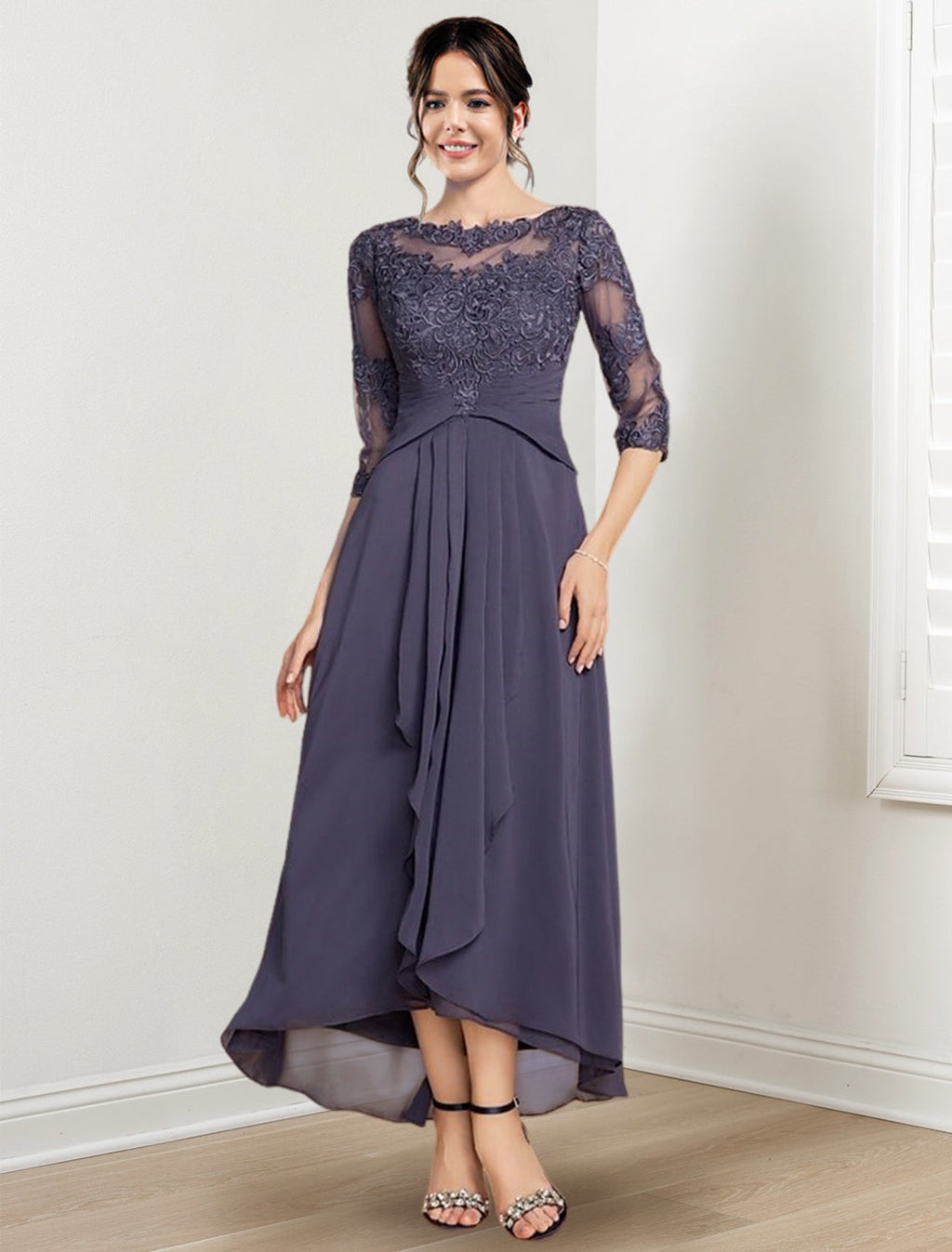 Robes de mère de la mariée coupe trapèze/décolleté princesse, longueur thé 