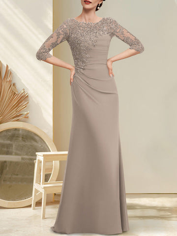 A-line Scoop Floor-Length Chiffon Lace Mother of the Bride Dress With Beading Pleated Sequins