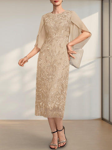 Sheath/Column Scoop Tea-Length Lace Chiffon Mother of the Bride Dress