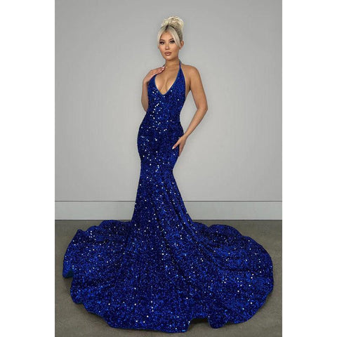 Robe de soirée longue sirène à paillettes, col en V, dos nu, avec traîne