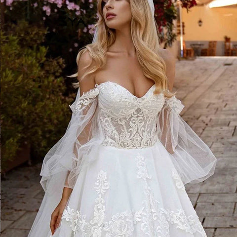 Illusion Tulle Princess Wedding Dress Puff Sleeves Off Shoulder Bridal Gown Sweetheart Appliques Lace vestidos de noiva