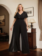 Combinaison-pantalon robe de soirée longue en mousseline à col en V