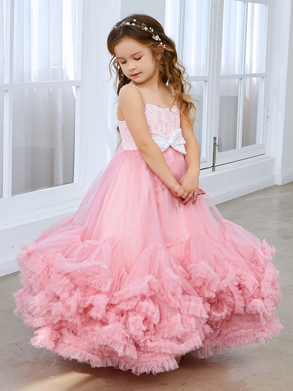 Vestido rosa de tul hasta el suelo para niña de las flores 