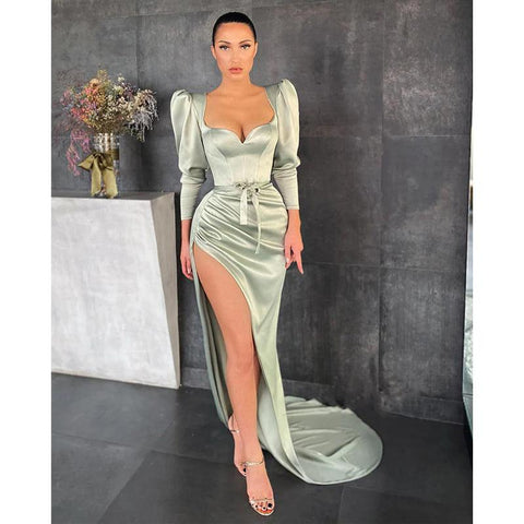 Robe de soirée sexy à col en V et manches longues avec fente latérale 