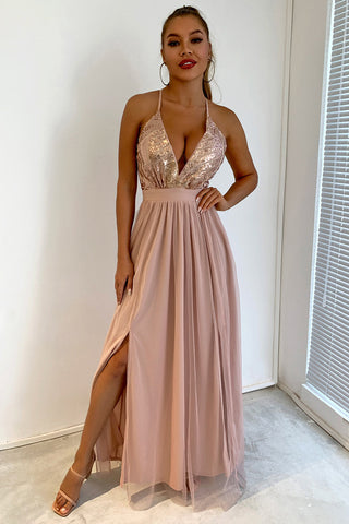 Vestido de fiesta con lentejuelas y escote en V