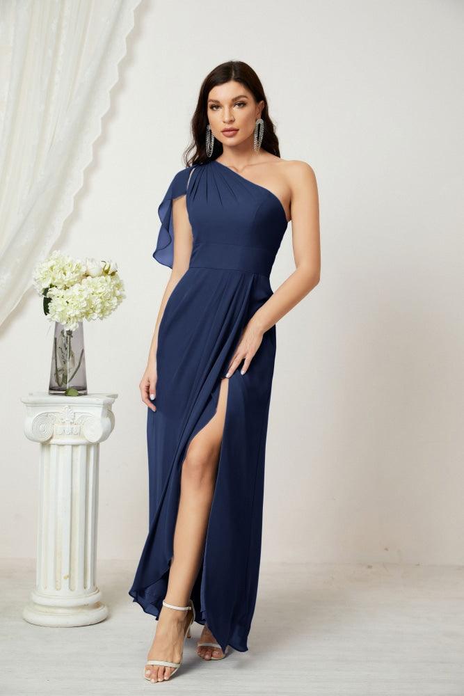 Baoleely  Chiffon Ruffled One Shoulder Long Bridesmaid Dresses A-line Formal Evening Gown Side Split 2809