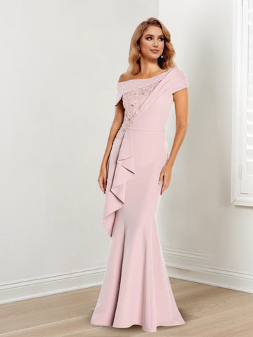 Vestidos de corte sirena/trompeta con un solo hombro y mangas largas para la madre de la novia, con encaje. 