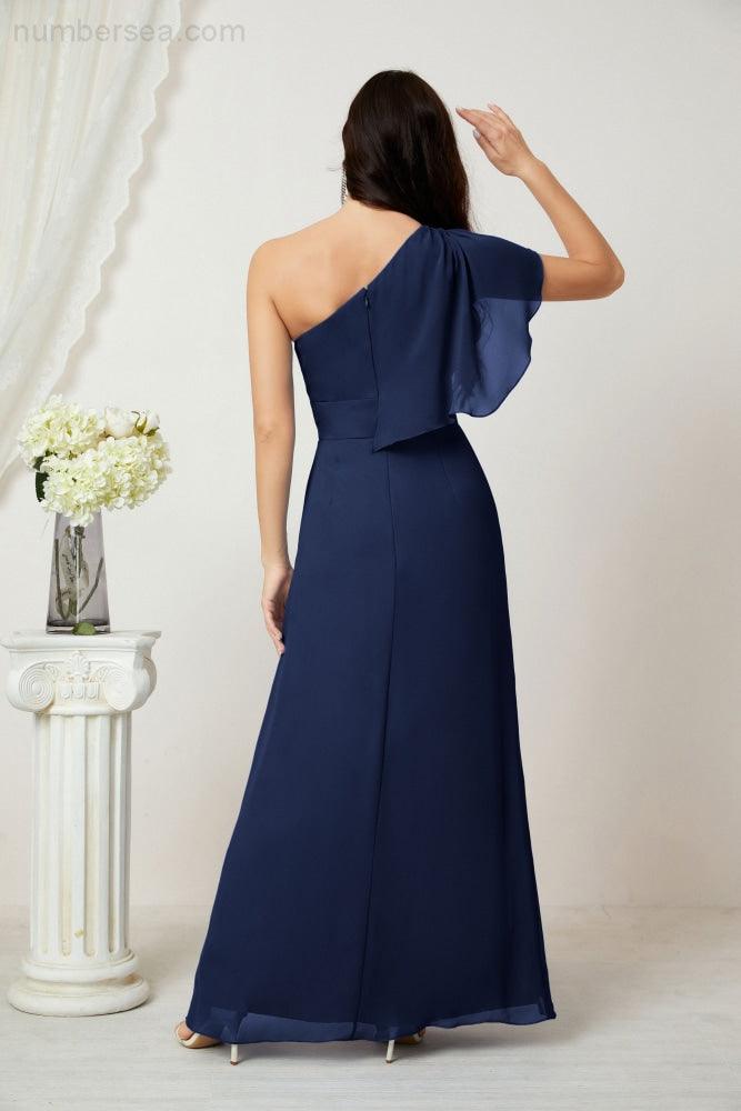 Baoleely  Chiffon Ruffled One Shoulder Long Bridesmaid Dresses A-line Formal Evening Gown Side Split 2809