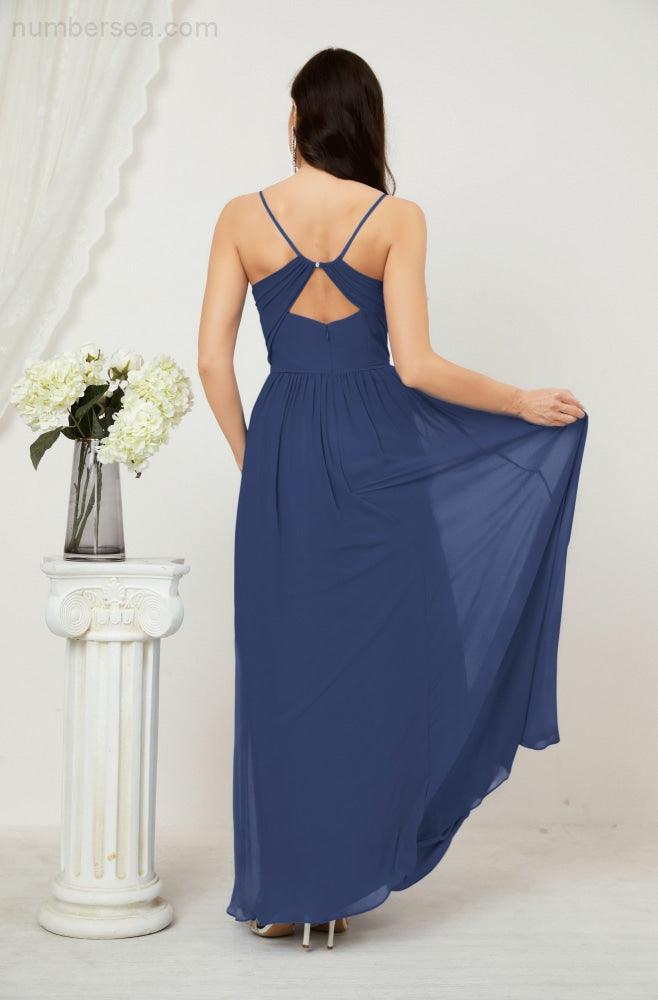 Robe de demoiselle d'honneur en mousseline de soie, longue, coupe trapèze, col en V, pour soirée de mariage, 2801 