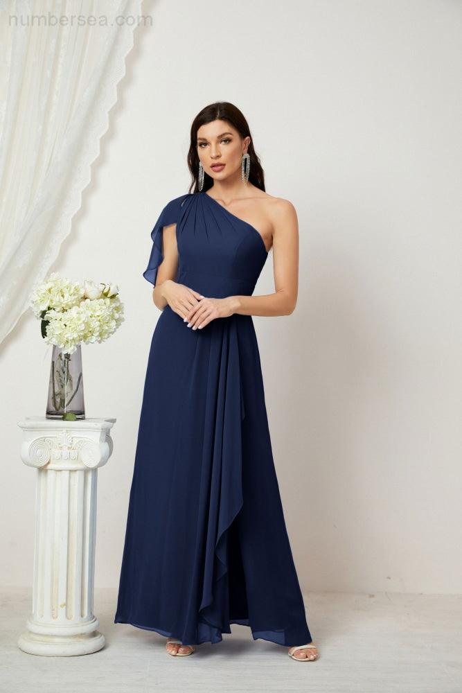 Baoleely  Chiffon Ruffled One Shoulder Long Bridesmaid Dresses A-line Formal Evening Gown Side Split 2809
