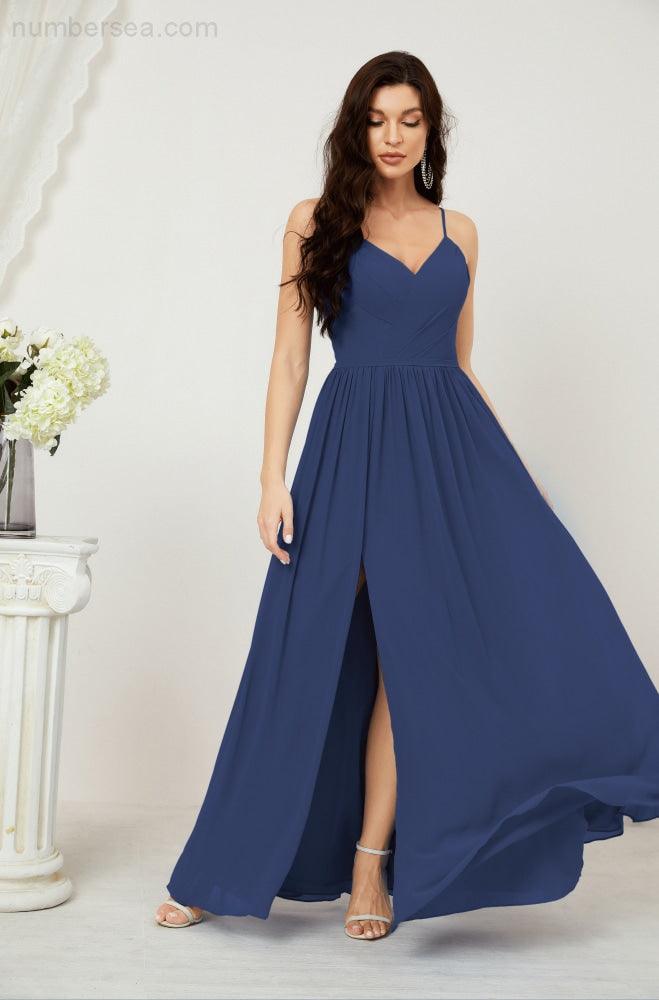 Robe de demoiselle d'honneur en mousseline de soie, longue, coupe trapèze, col en V, pour soirée de mariage, 2801 